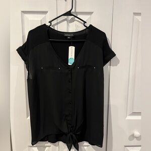 Black Short Sleeve Button Down Shirt with Tie Front